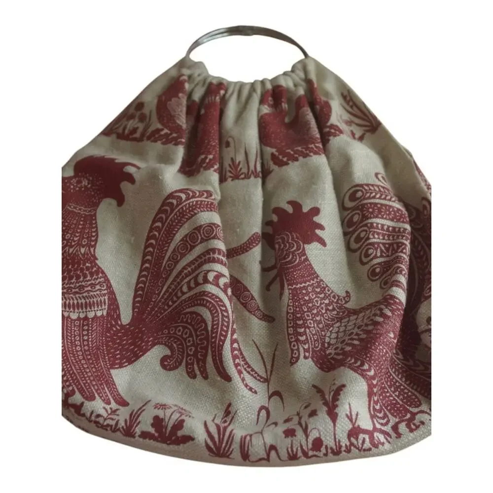 Vintage Rooster Bird Tapestry Ring Handle Bag Removable Cream Red Large